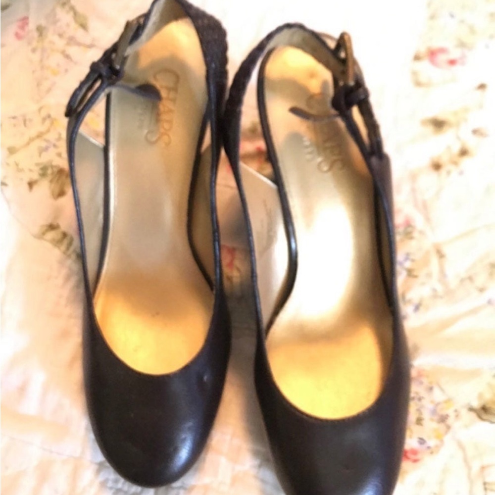 CHAPS Size 7 Brown Sling Back Wedge Heels - Picture 2 of 7